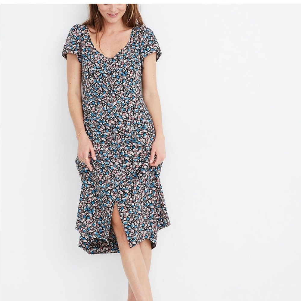 Madewell Puff-Sleeve Button-Front Midi Dress in Spring Prairie